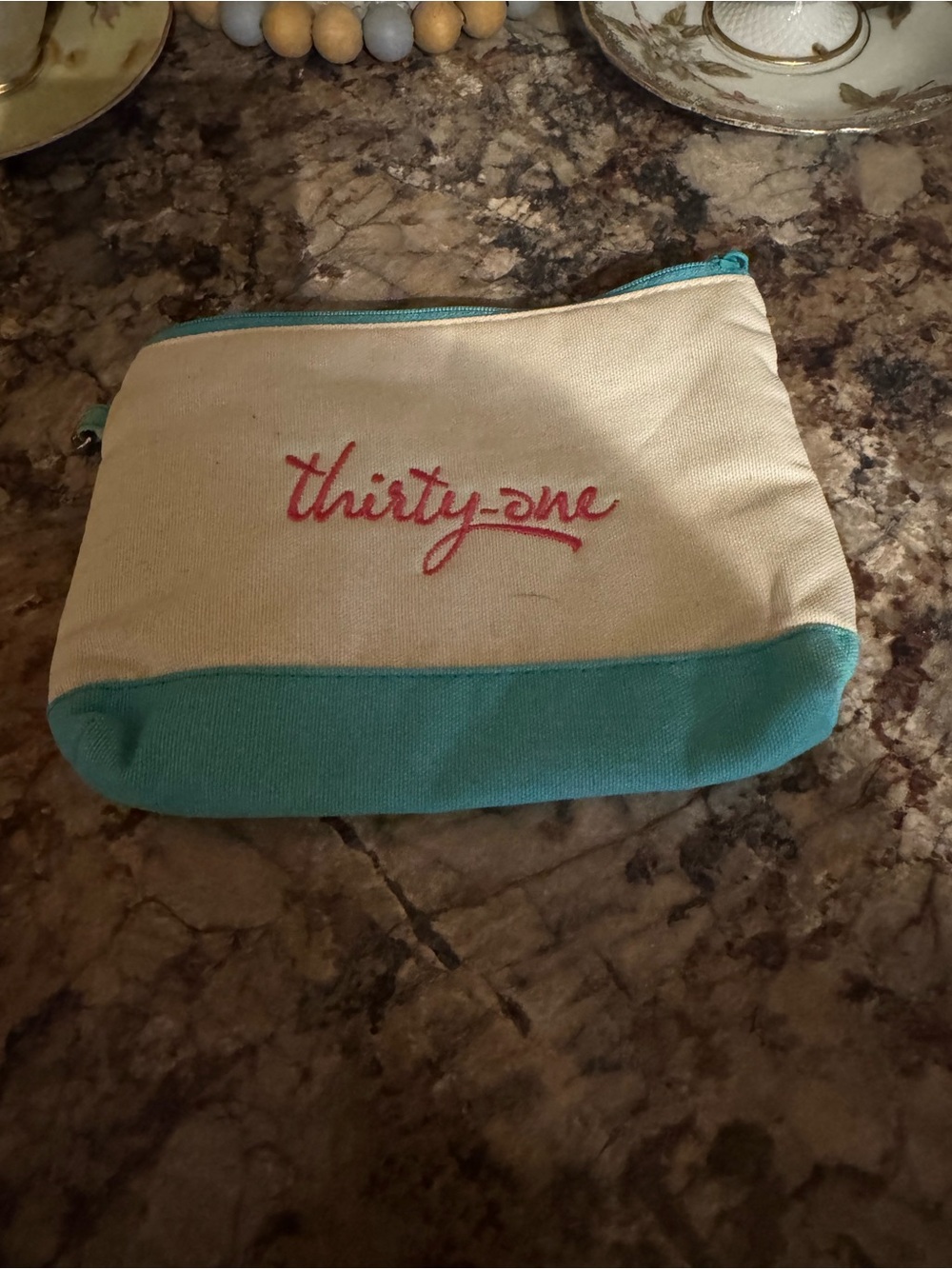thirty-one Cream and Teal Canvas Cosmetic Pouch with Red Logo